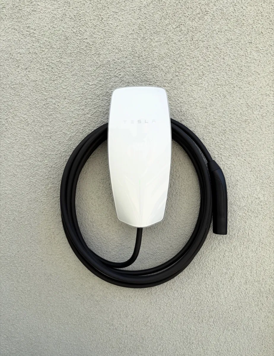 Tesla Wall Connector installed on an exterior stucco wall